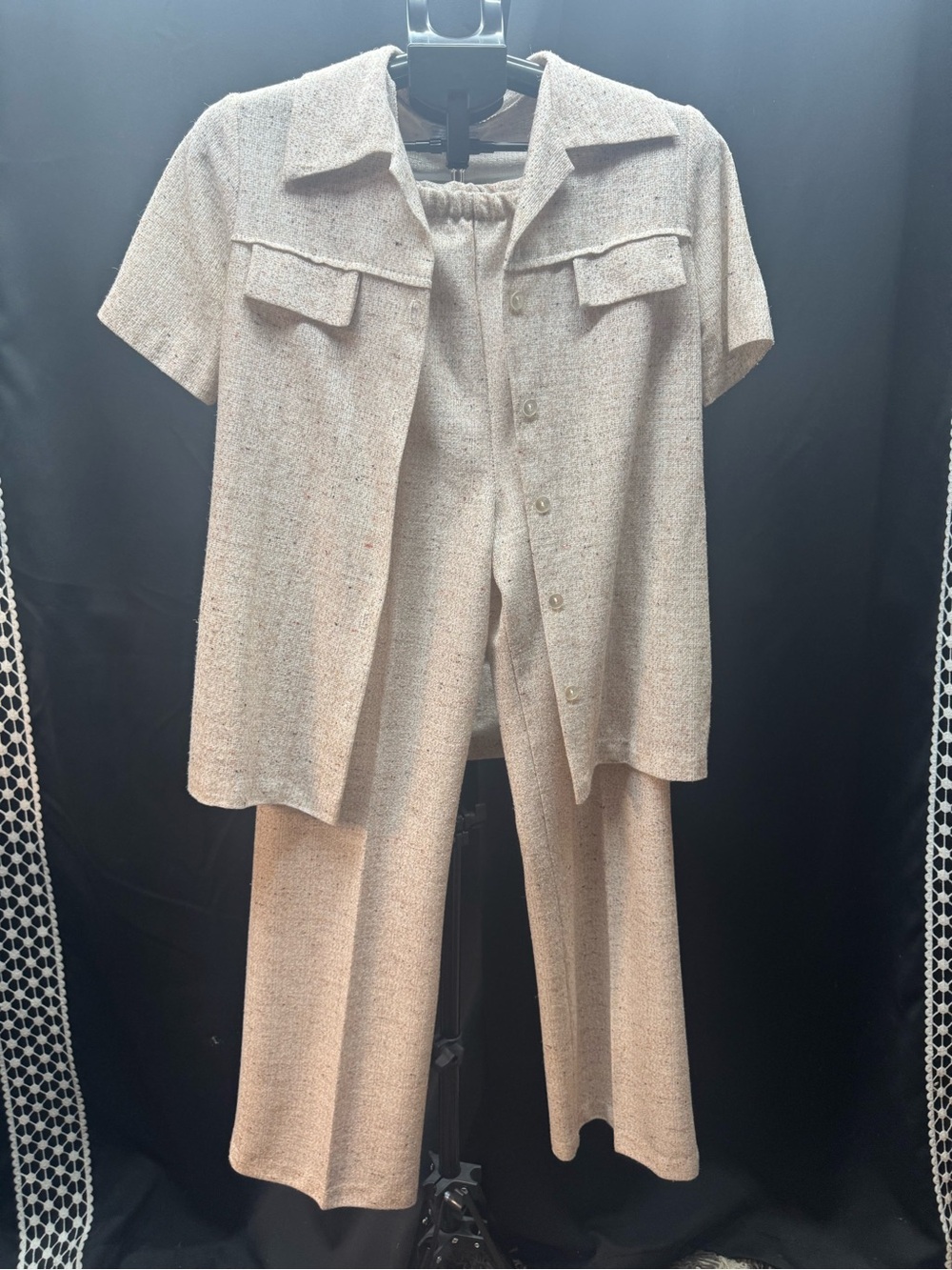 Sears Cream Two-Piece Short-Sleeve Shirt and Wide-Leg Pants Set